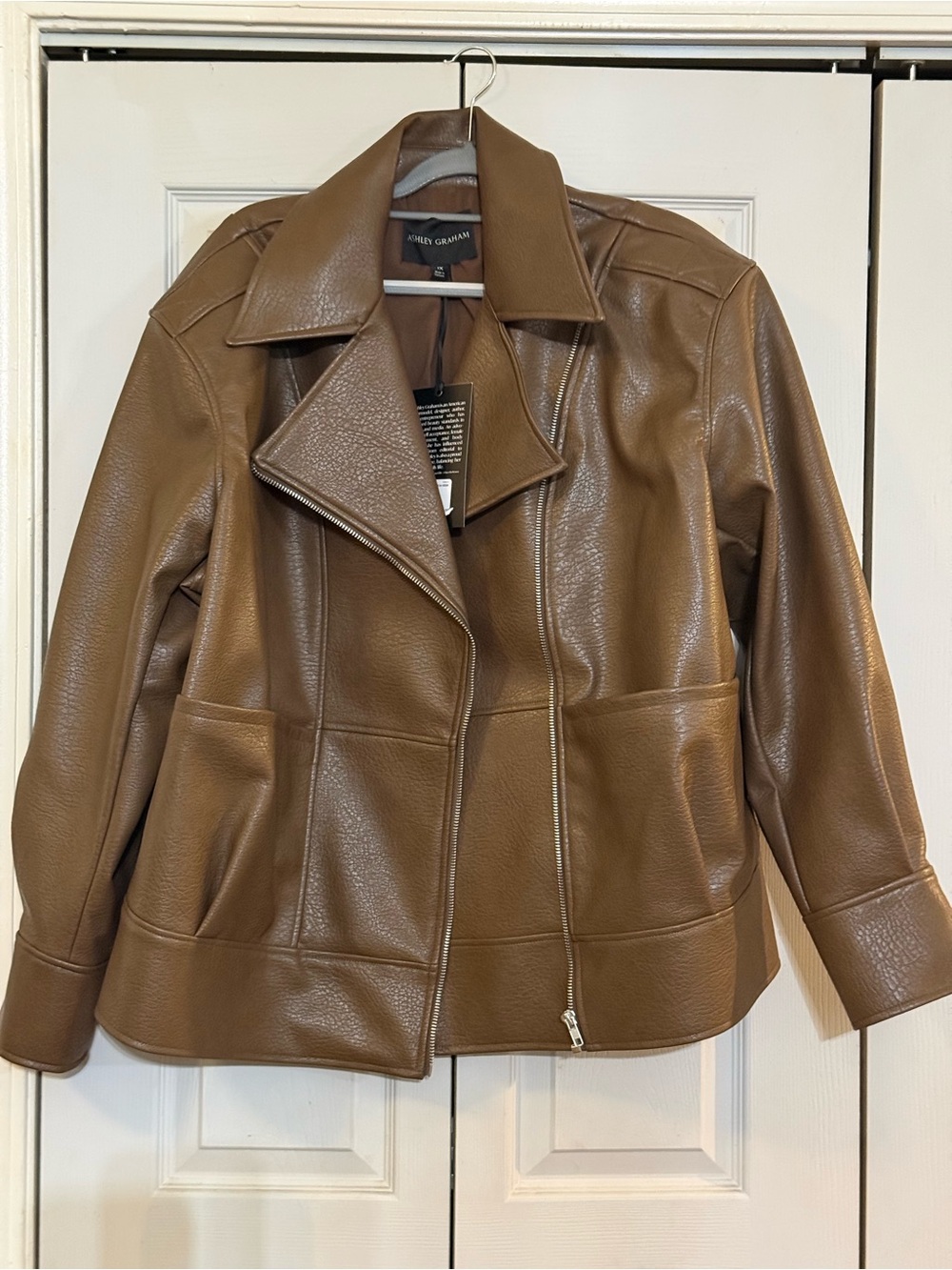 NWT Ashley Graham Leather Zip-Front Jacket in Brown Sz 1X